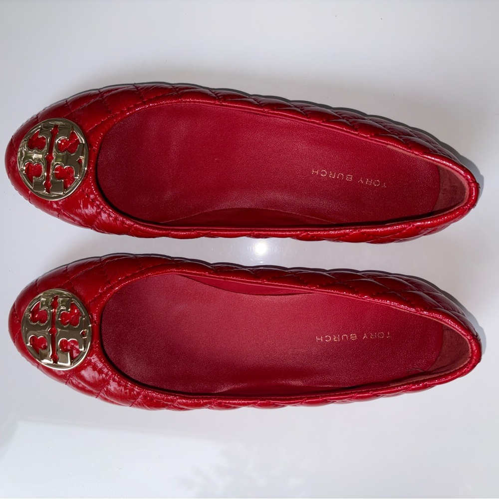 Tory Burch chelsea quilted ballet flat vince patent crinkle, fiesta red/gold sz6 - Picture 3 of 13